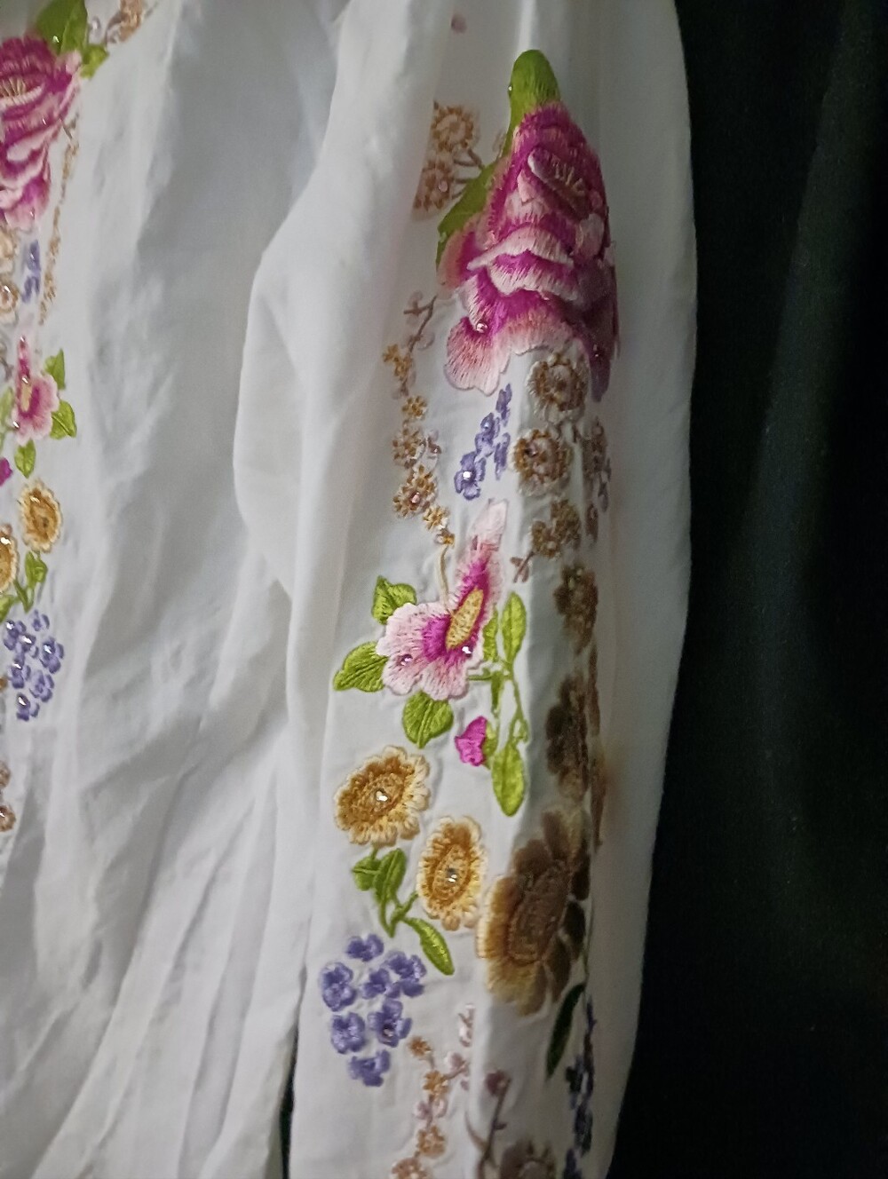 White Floral Embroidered Button-Up Shirt - Pink & Green Accents - Picture 4 of 5